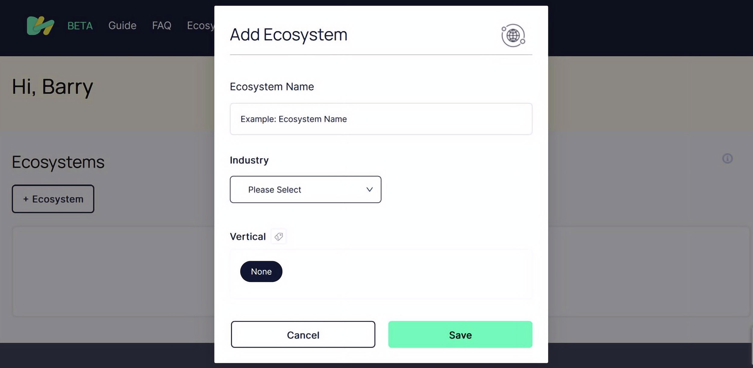 Add a new Ecosystem to track your data set