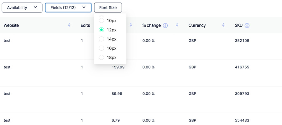 Data Table font size selector