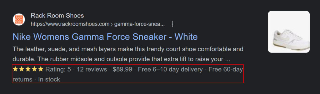 A rich snippet appearing in the SERP for an eCommerce product page